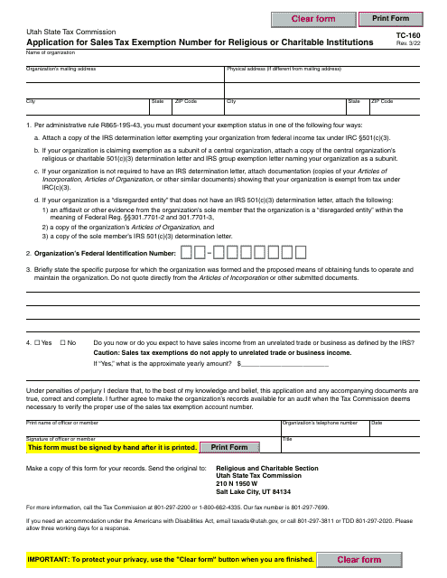 Form TC-160 Application for Sales Tax Exemption Number for Religious or Charitable Institutions - Utah
