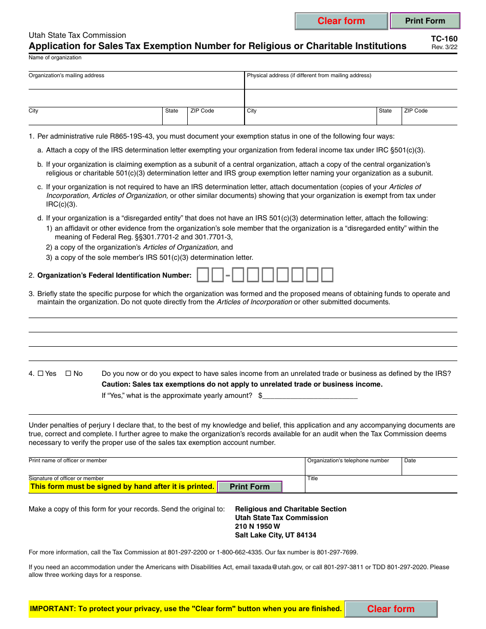 Form TC160 Download Fillable PDF or Fill Online Application for Sales Tax Exemption Number for