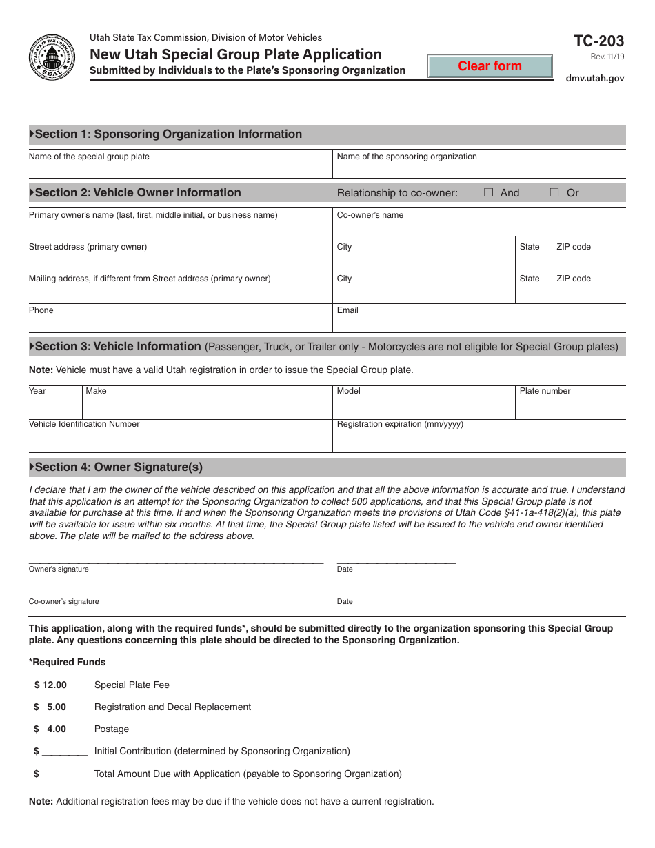 Form TC-203 New Utah Special Group Plate Application - Utah, Page 1