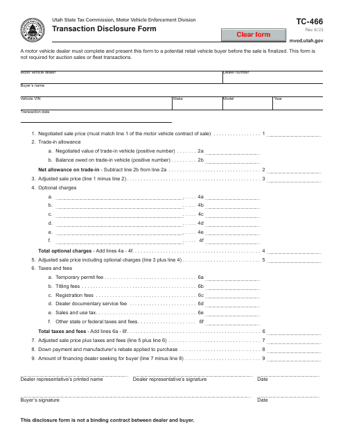 Form TC-466 Transaction Disclosure Form - Utah