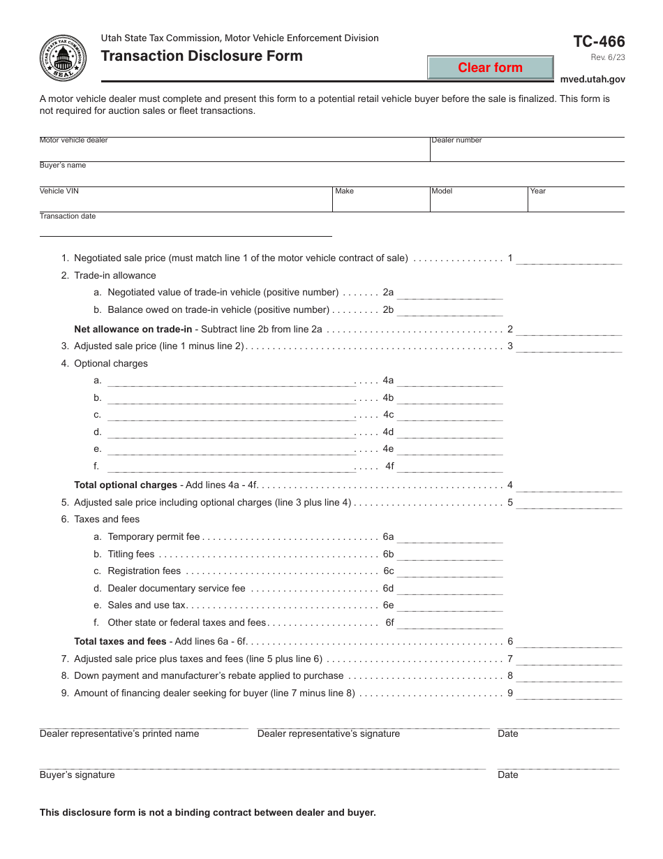Form TC-466 Transaction Disclosure Form - Utah, Page 1