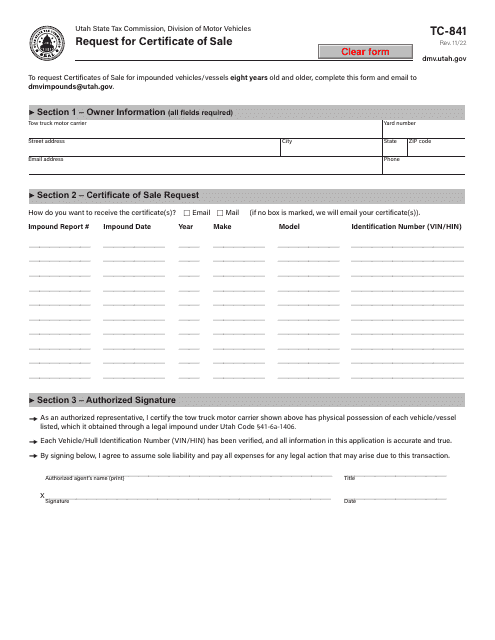 Form TC-841  Printable Pdf