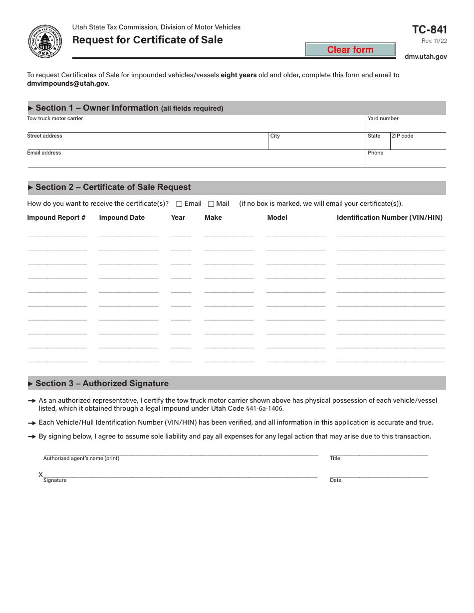 Form TC-841 Request for Certificate of Sale - Utah, Page 1