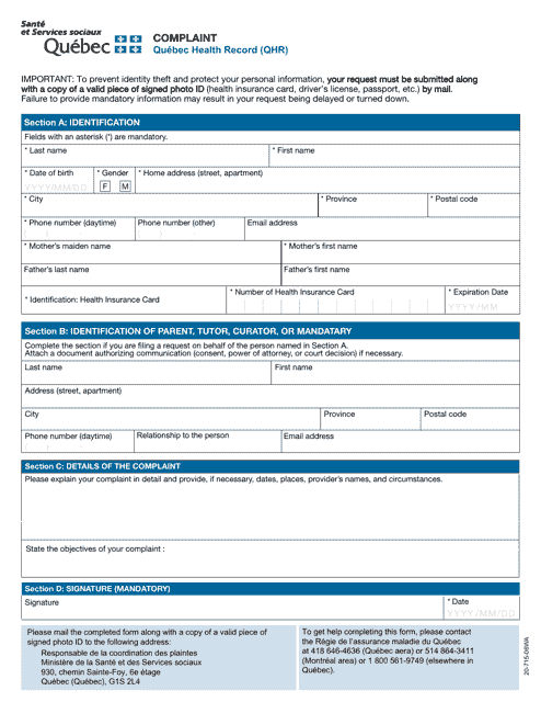 Form 20-715-06WA Quebec Health Record (Qhr) Complaint - Quebec, Canada