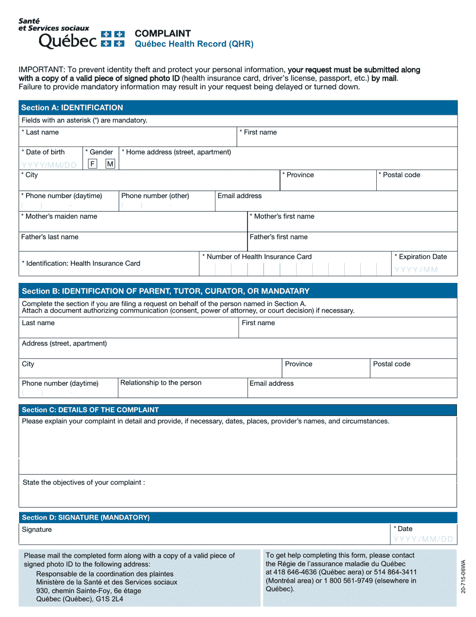 Form 20-715-06WA Quebec Health Record (Qhr) Complaint - Quebec, Canada, Page 1