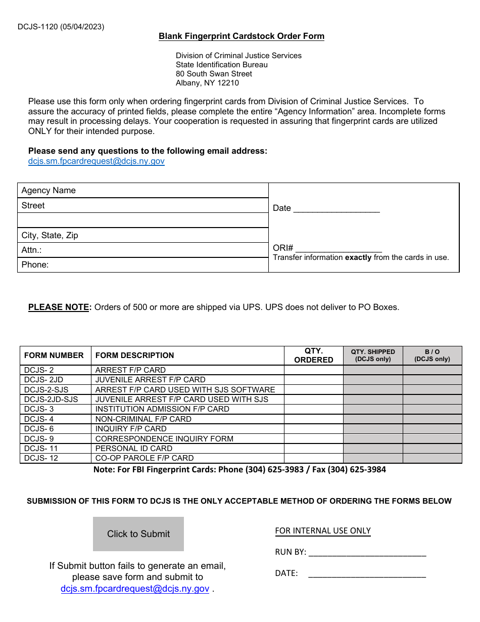 Form DCJS-1120 Blank Fingerprint Cardstock Order Form - New York, Page 1