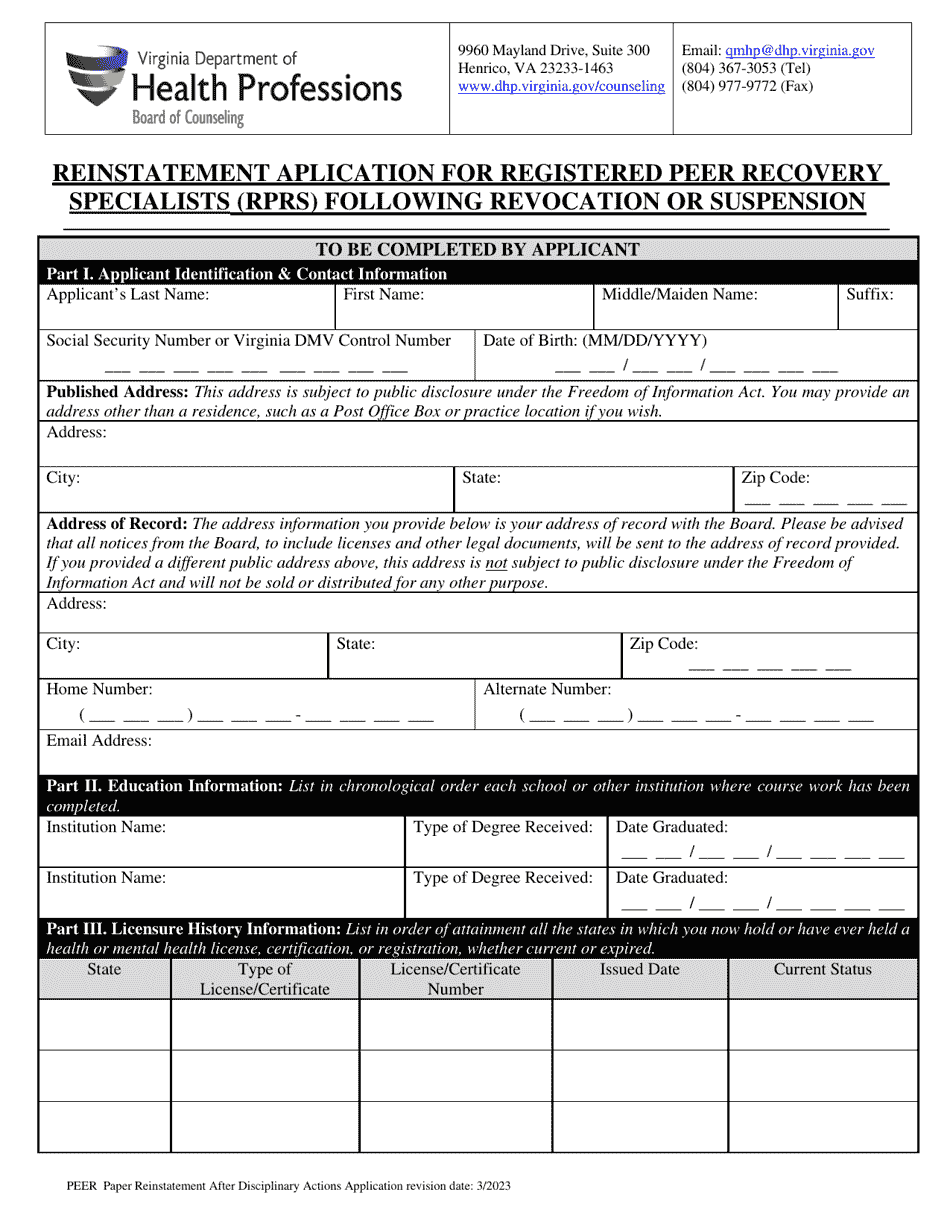 Reinstatement Aplication for Registered Peer Recovery Specialists (Rprs) Following Revocation or Suspension - Virginia, Page 3
