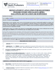 Document preview: Reinstatement Aplication for Registered Peer Recovery Specialists (Rprs) Following Revocation or Suspension - Virginia