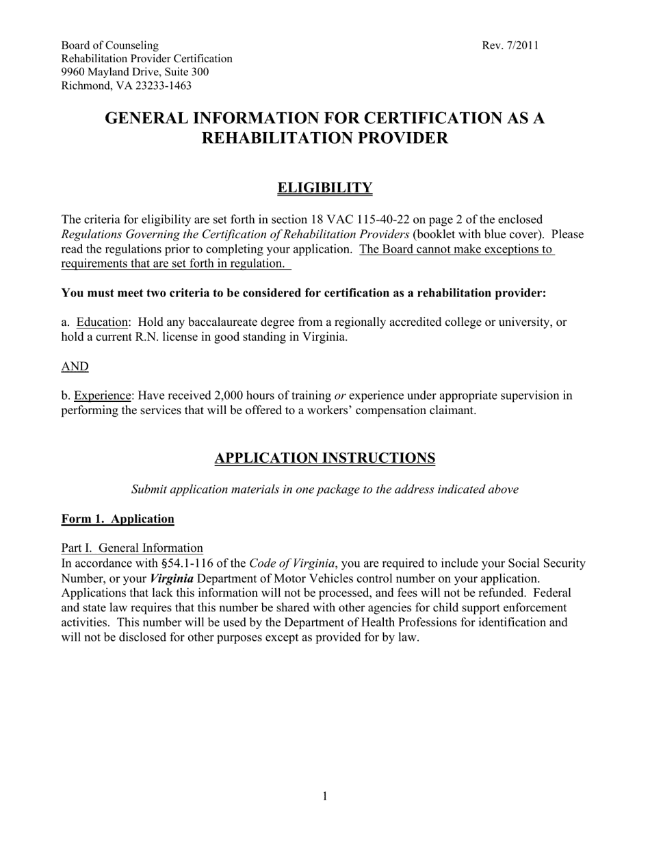 General Information for Certification as a Rehabilitation Provider - Virginia, Page 1