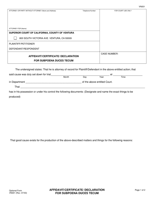 Form VN001 Affidavit/Certificate/ Declaration for Subpoena Duces Tecum - County of Ventura, California