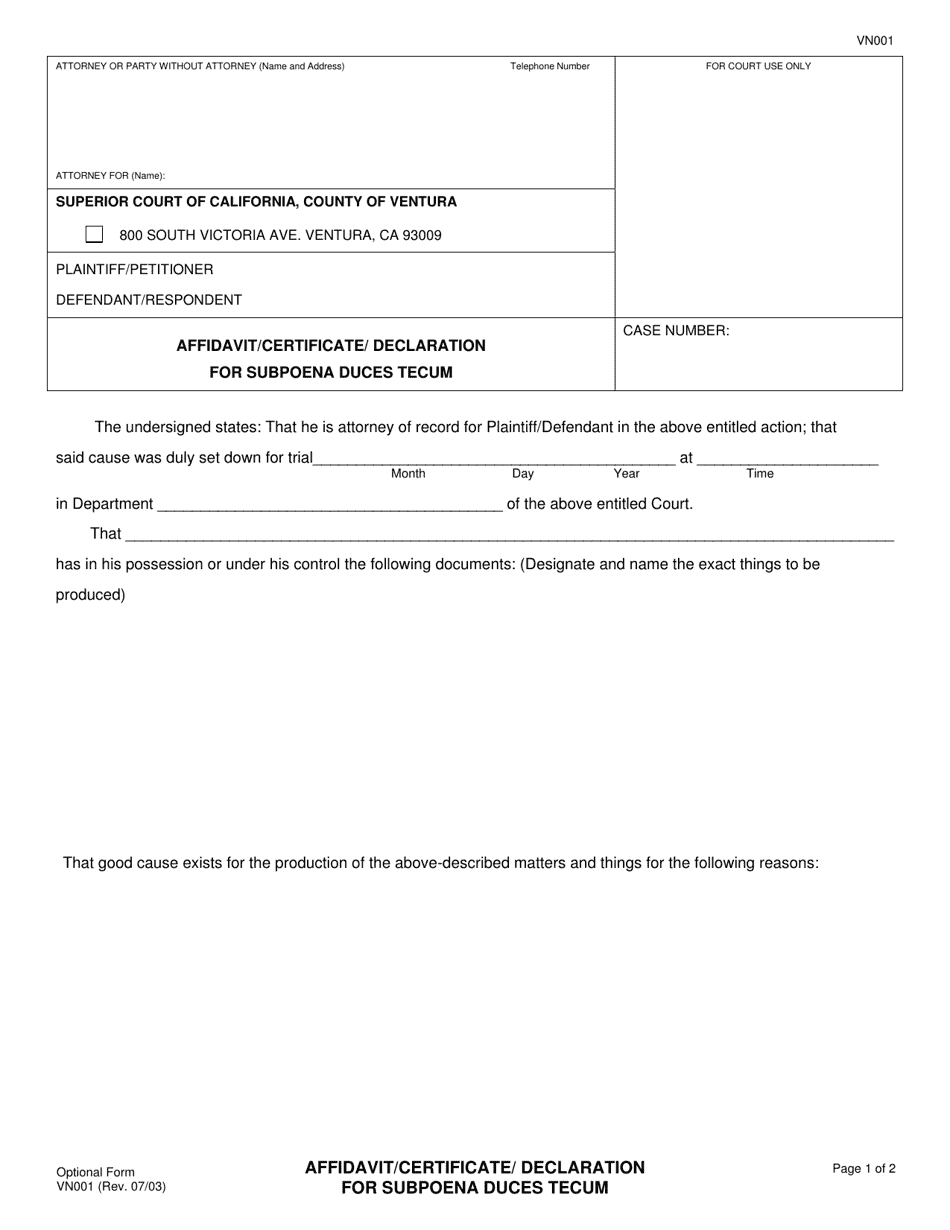 Form VN001 Affidavit / Certificate / Declaration for Subpoena Duces Tecum - County of Ventura, California, Page 1