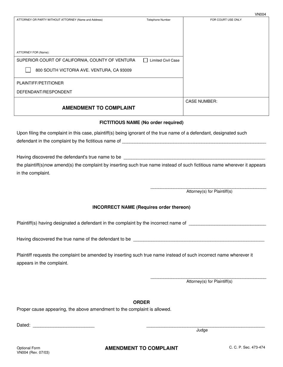 Form VN004 Amendment to Complaint - County of Ventura, California, Page 1