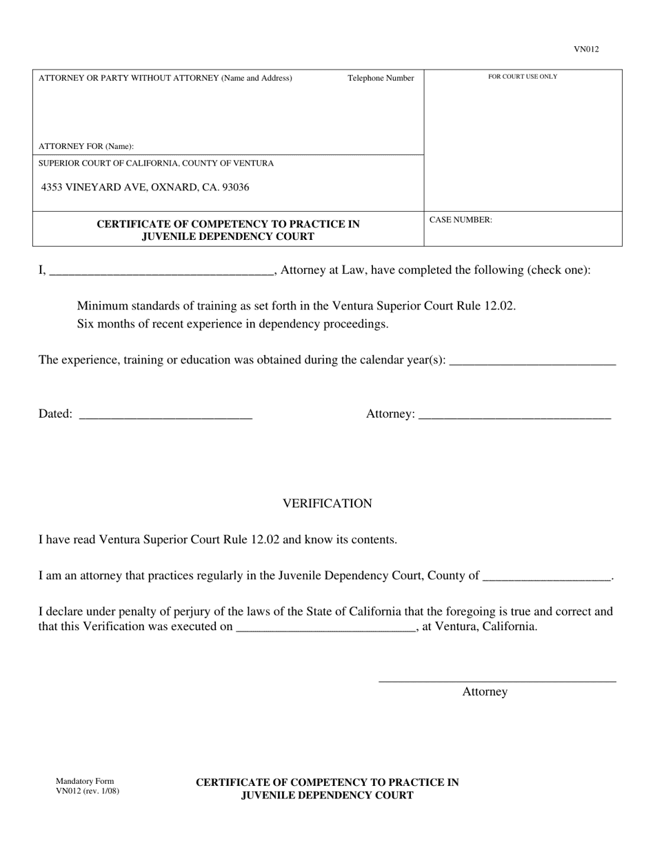 Form VN012 Certificate of Competency to Practice in Juvenile Dependency Court - County of Ventura, California, Page 1