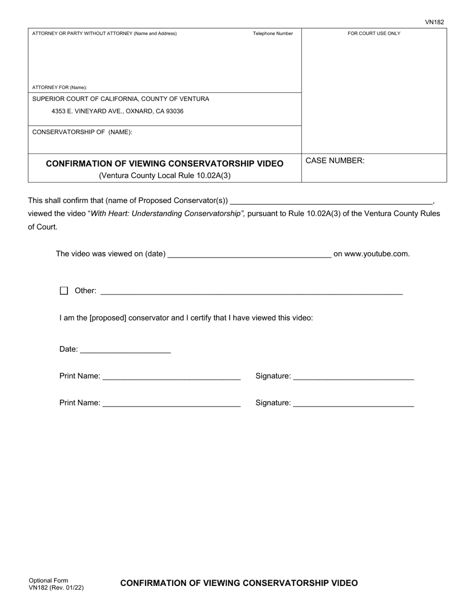 Form VN182 Confirmation of Viewing Conservatorship Video - County of Ventura, California, Page 1
