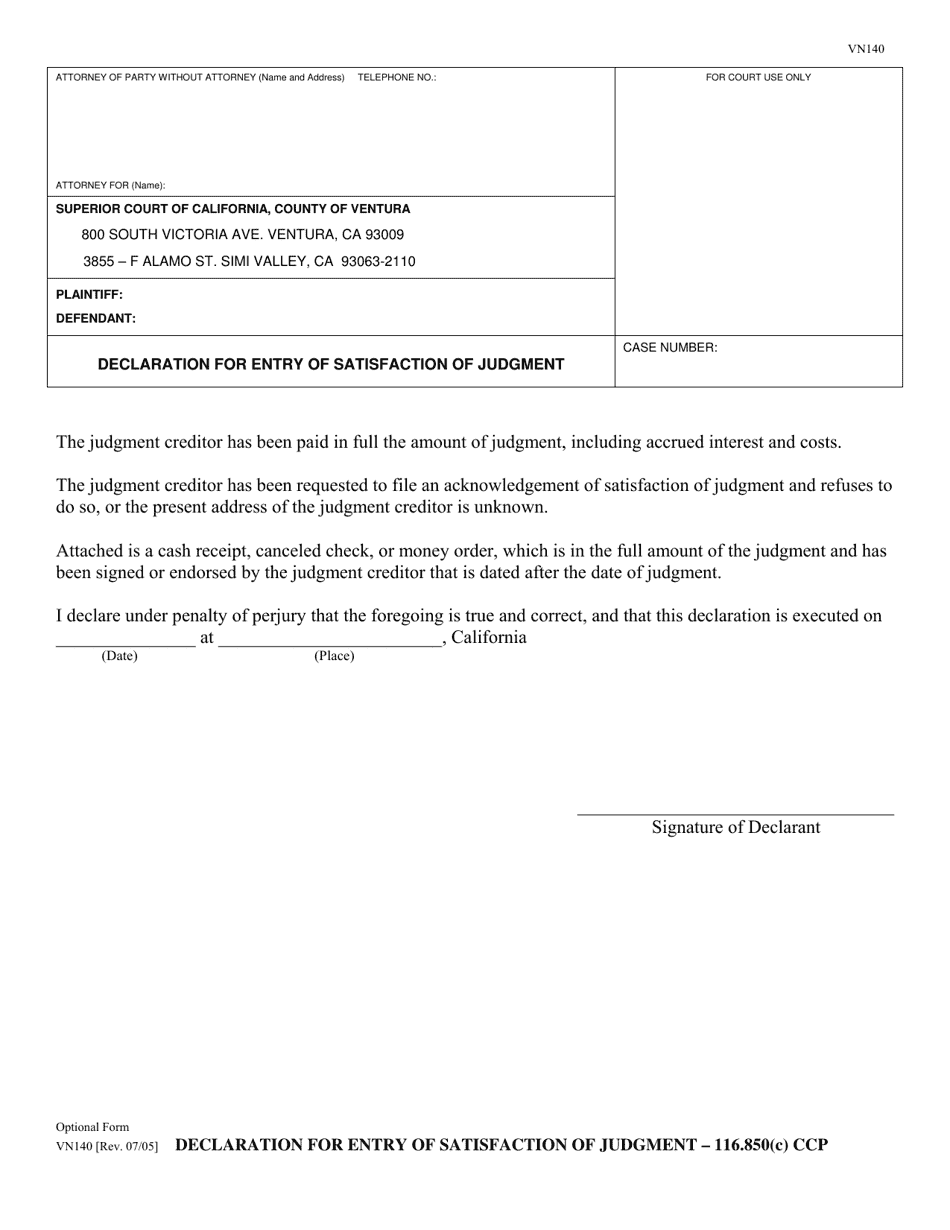 Form VN140 Declaration for Entry of Satisfaction of Judgment - County of Ventura, California, Page 1