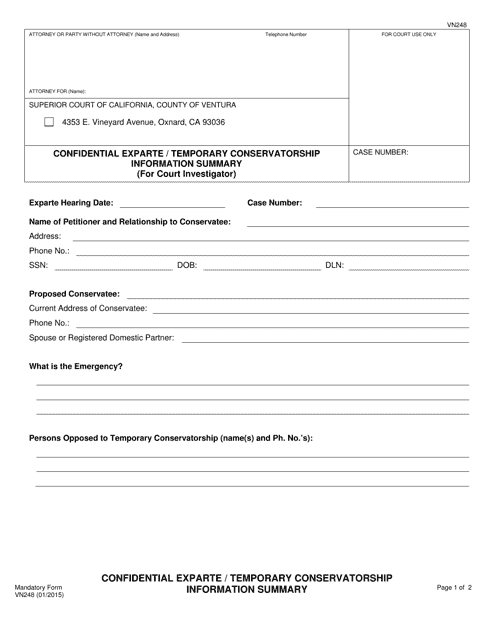 Form VN248 Confidential Exparte/Temporary Conservatorship Information Summary (For Court Investigator) - County of Ventura, California