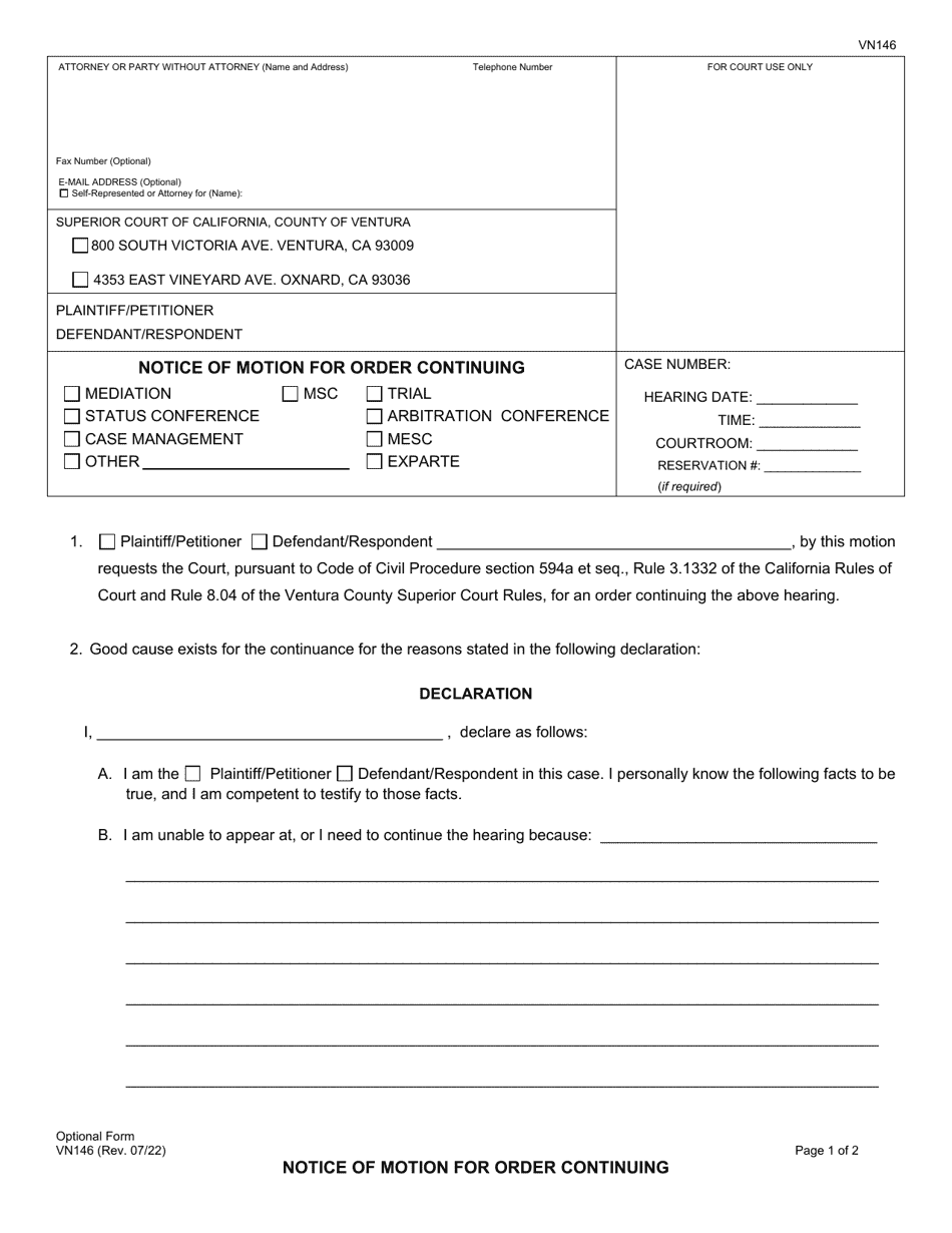 Form VN146 Notice of Motion for Order Continuing - County of Ventura, California, Page 1