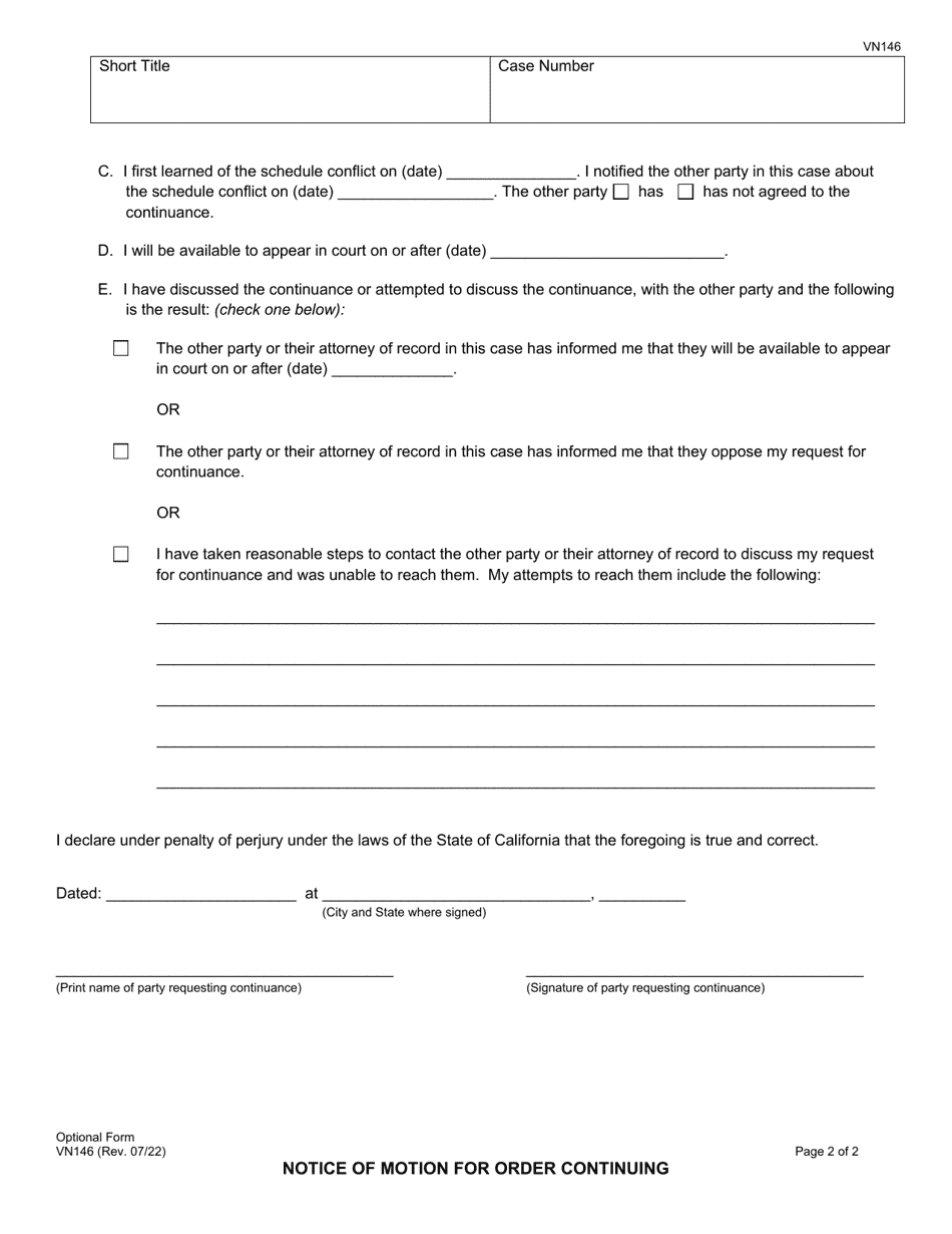 Form VN146 Notice of Motion for Order Continuing - County of Ventura, California, Page 2