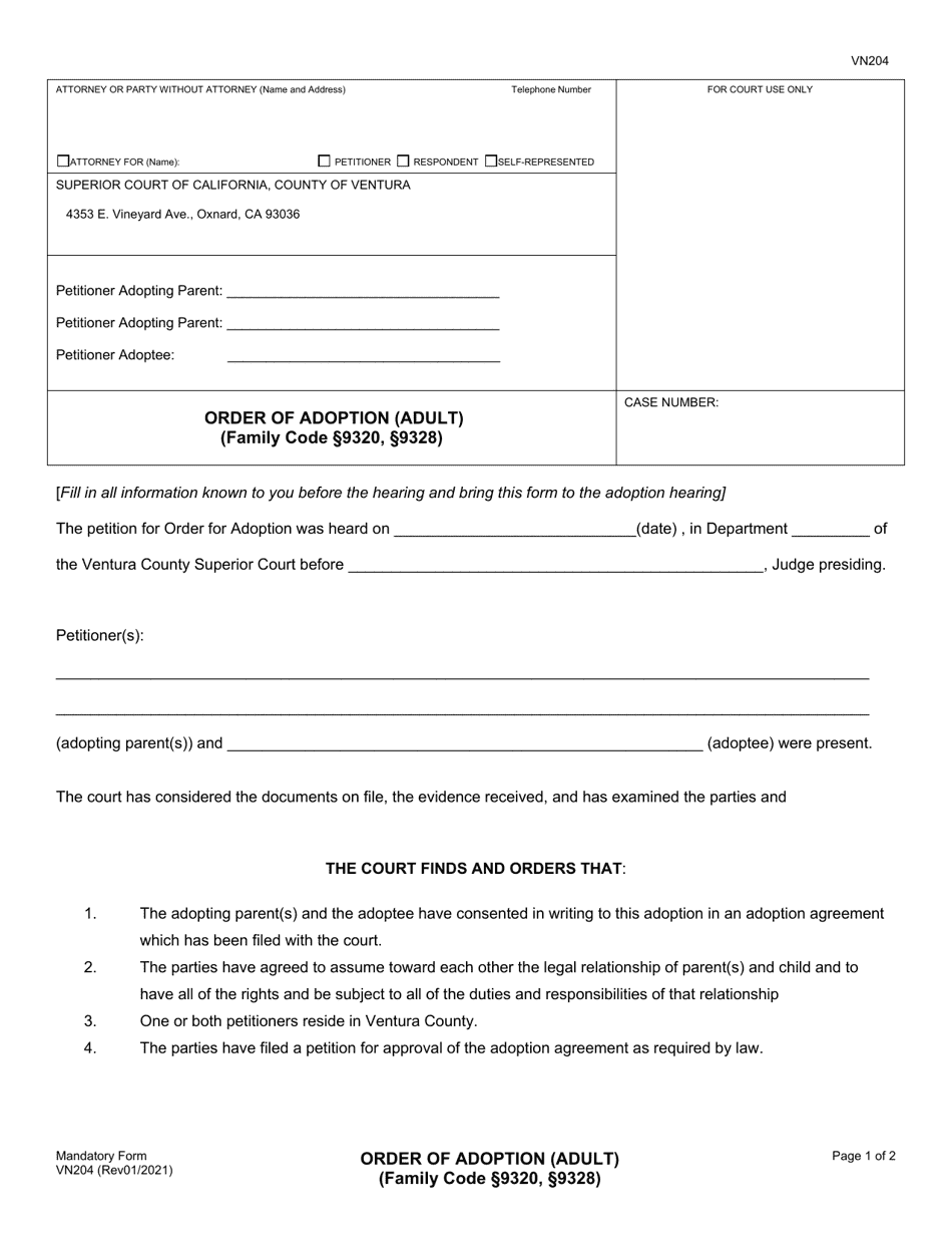 Form VN204 Order of Adoption (Adult) - County of Ventura, California, Page 1