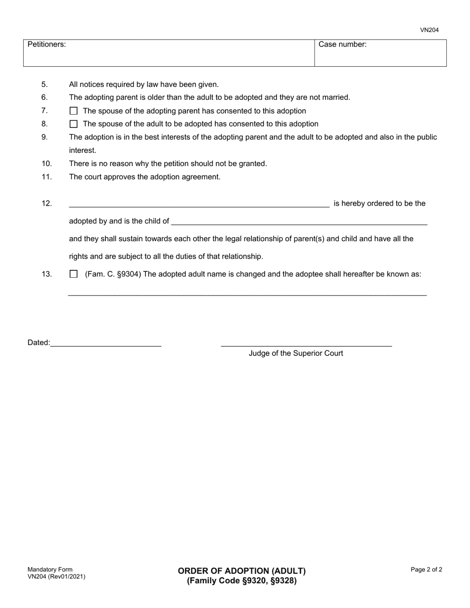 Form VN204 Order of Adoption (Adult) - County of Ventura, California, Page 2