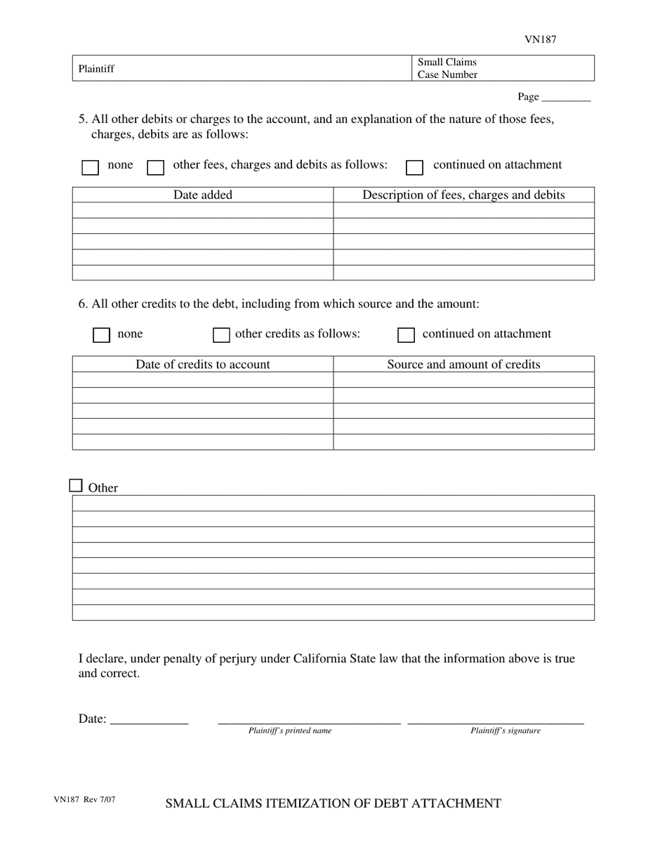 Form VN187 Small Claims Itemization of Debt (Ccp 116.222) Attachment to Item 3 of Sc-100 Form - County of Ventura, California, Page 2