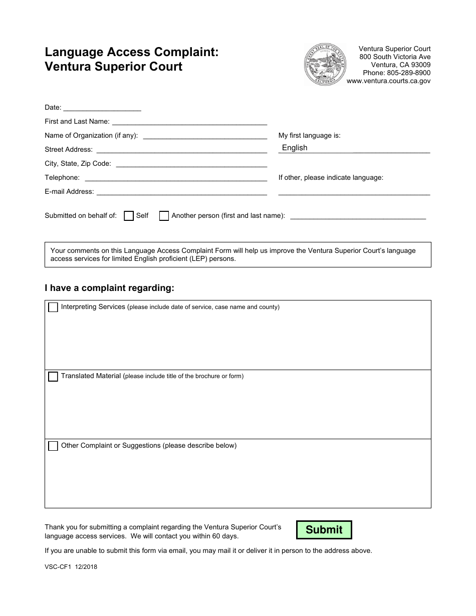 Form VSC-CF1 Language Access Complaint - County of Ventura, California, Page 1