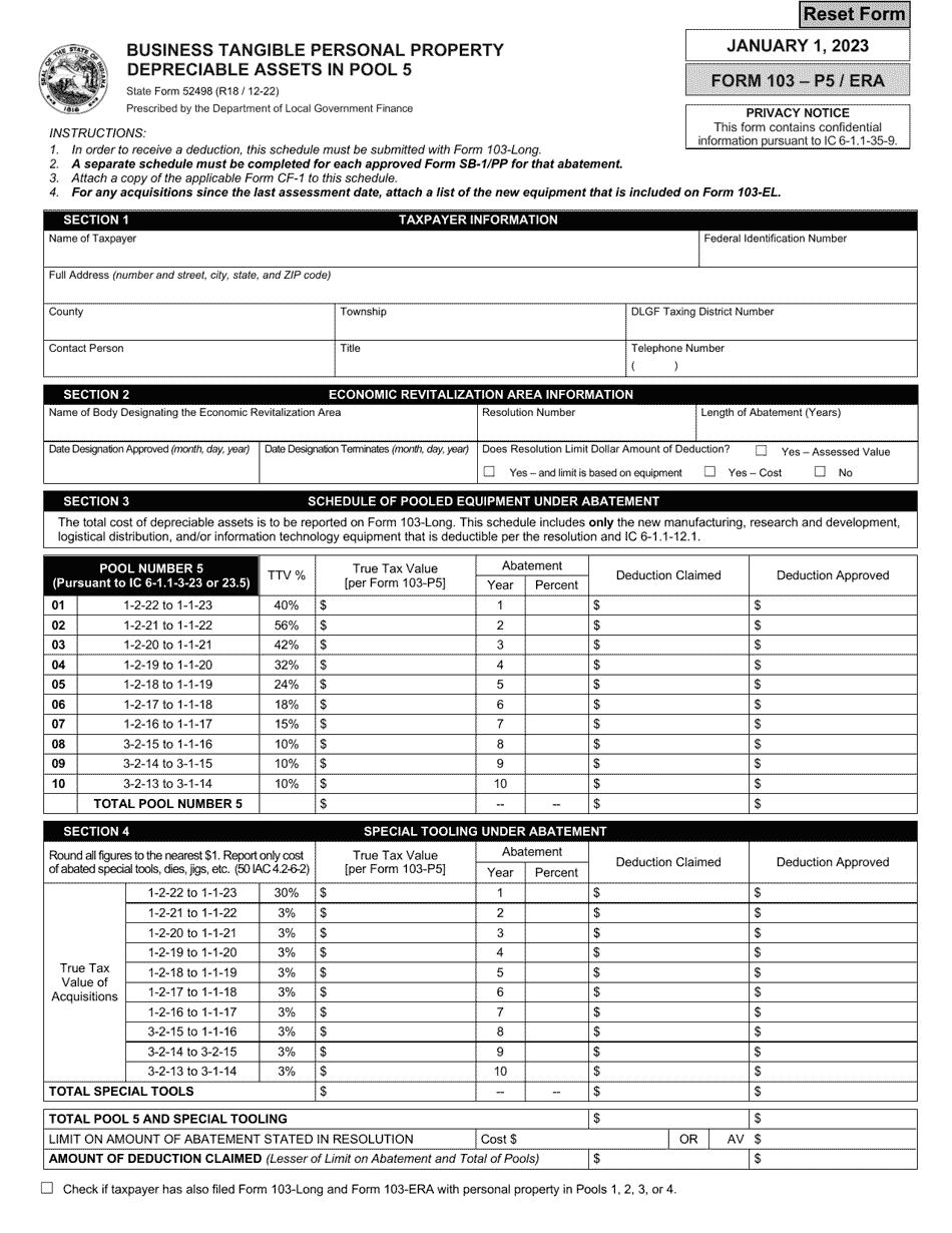 State Form 52498 (103-P5 / ERA) Business Tangible Personal Property Depreciable Assets in Pool 5 - Indiana, Page 1