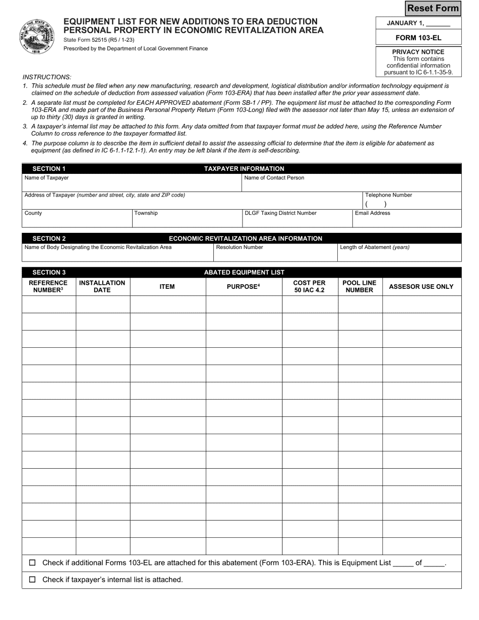 State Form 52515 (103-EL) Equipment List for New Additions to Era Deduction Personal Property in Economic Revitalization Area - Indiana, Page 1