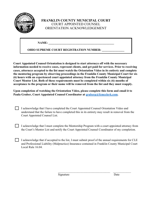 Court Appointed Counsel Orientation Acknowledgement - Franklin County, Ohio Download Pdf