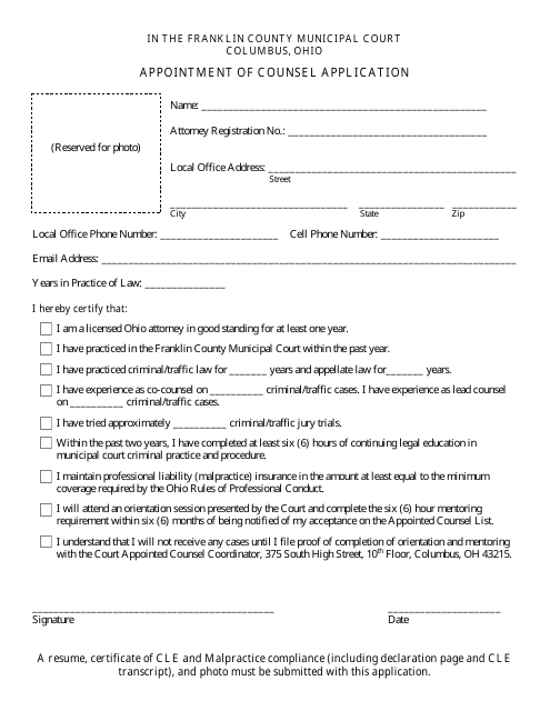 Appointment of Counsel Application - Franklin County, Ohio Download Pdf