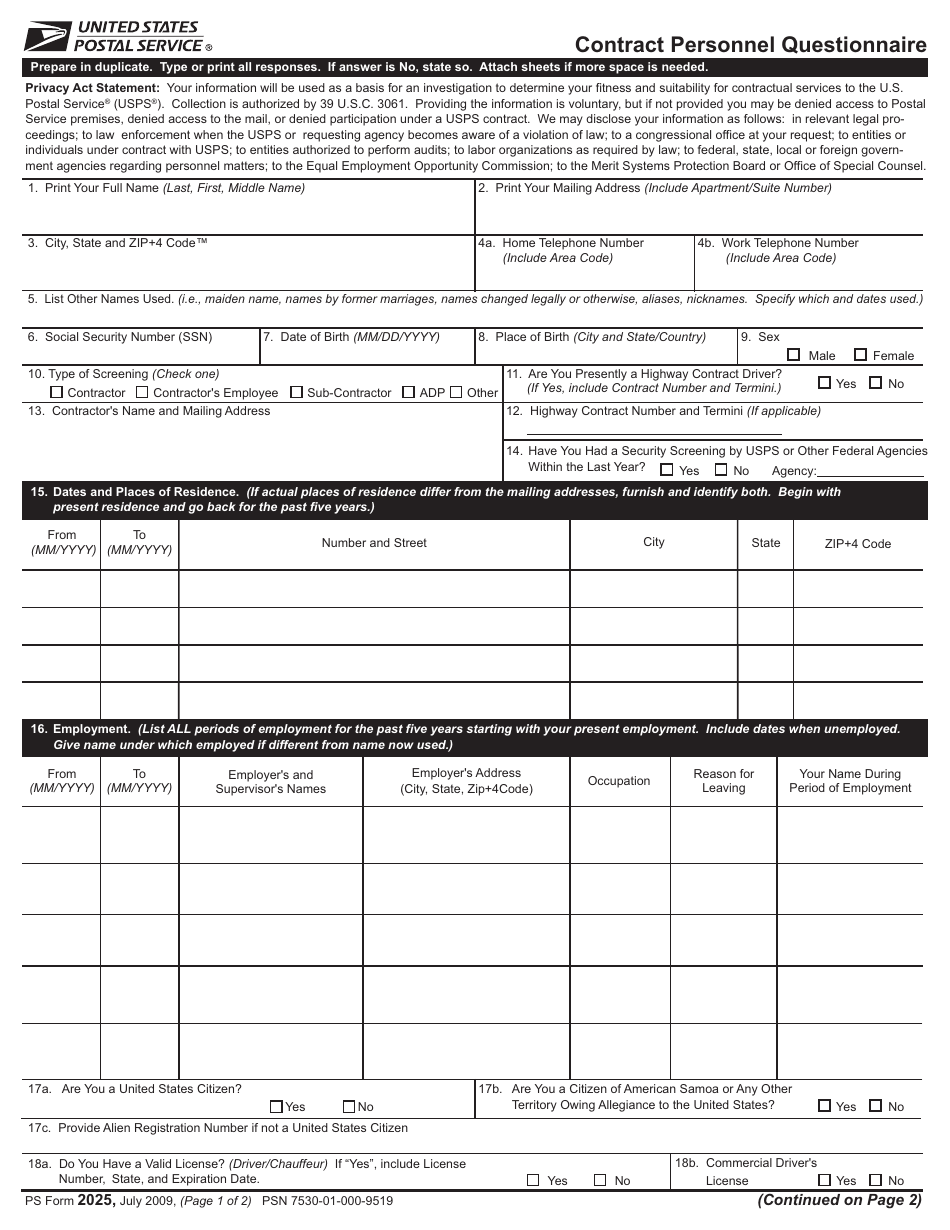 PS Form 2025 Contract Personnel Questionnaire, Page 1