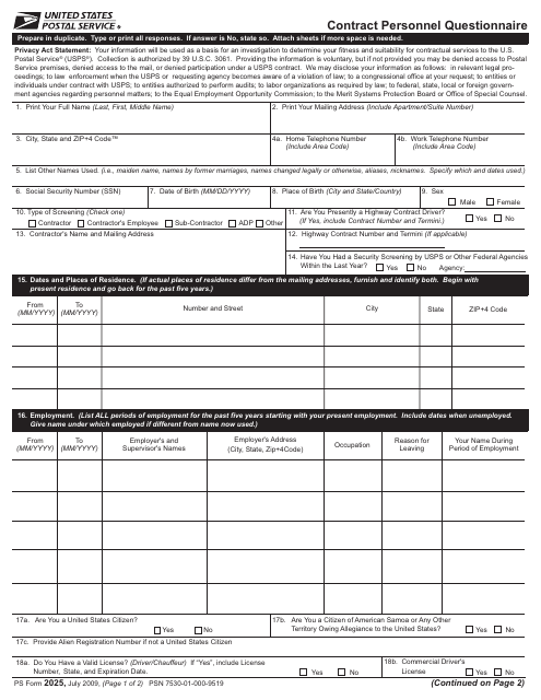 PS Form 2025 Contract Personnel Questionnaire
