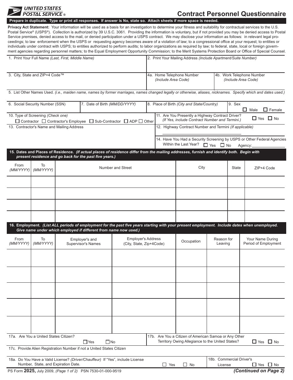 PS Form 2025 - Fill Out, Sign Online and Download Printable PDF  Templateroller