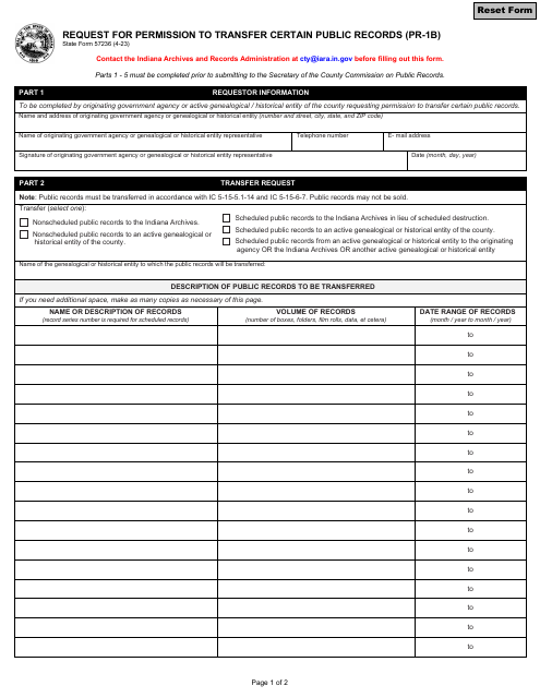 Form PR-1B (State Form 57236) Request for Permission to Transfer Certain Public Records - Indiana