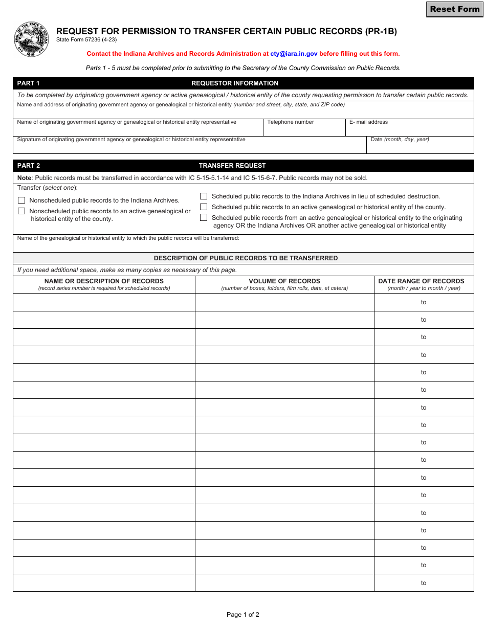 Form PR-1B (State Form 57236) Request for Permission to Transfer Certain Public Records - Indiana, Page 1