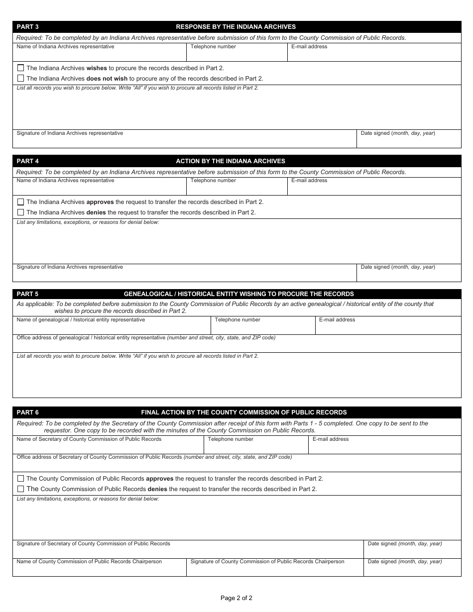 Form PR-1B (State Form 57236) Request for Permission to Transfer Certain Public Records - Indiana, Page 2