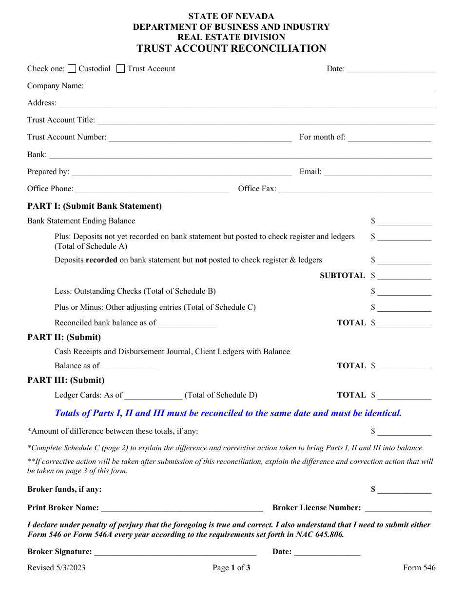 Form 546 Trust Account Reconciliation - Nevada, Page 1