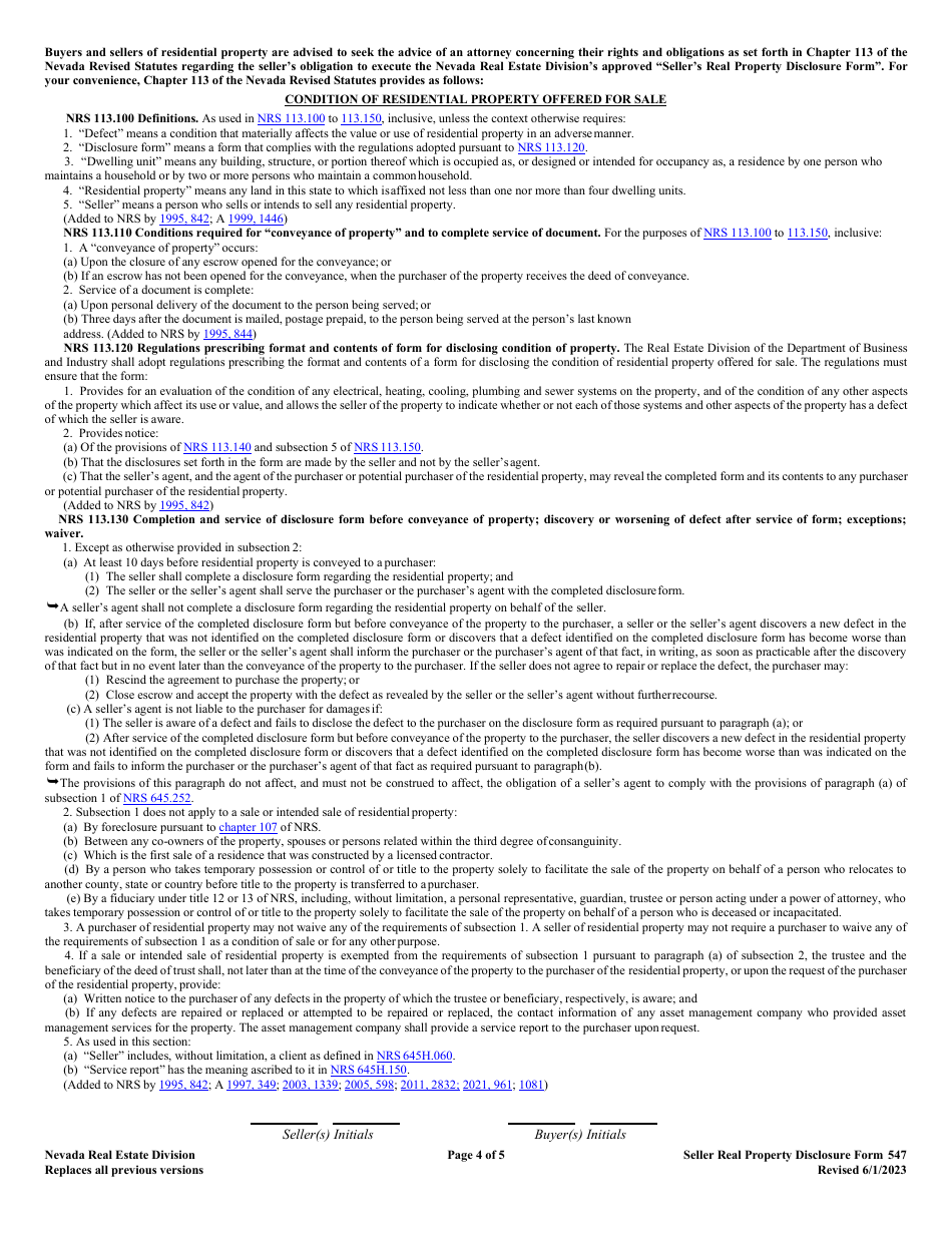 Form 547 Sellers Real Property Disclosure Form - Nevada, Page 4