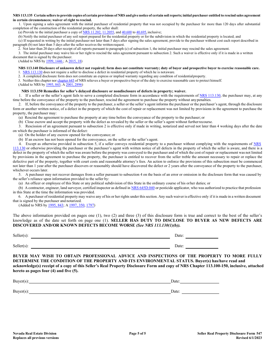 Form 547 Sellers Real Property Disclosure Form - Nevada, Page 5