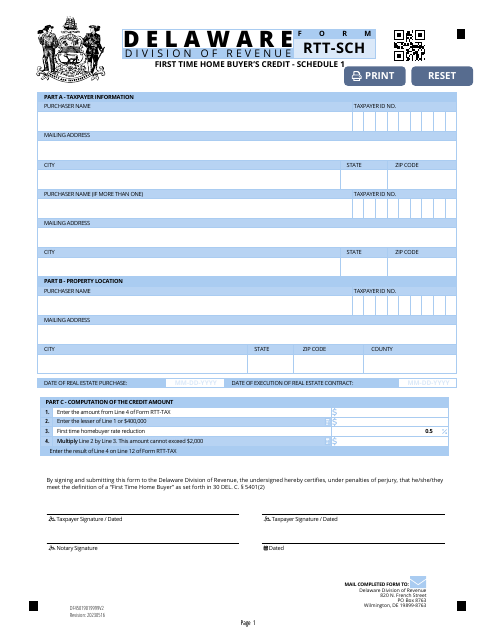 Form RTT-SCH Schedule 1 First Time Home Buyer's Credit - Delaware