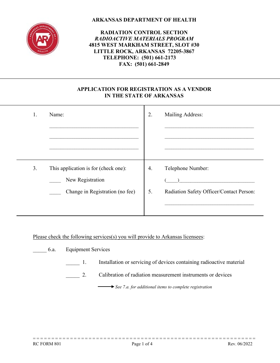 RC Form 801 Application for Registration as a Vendor in the State of Arkansas - Arkansas, Page 1