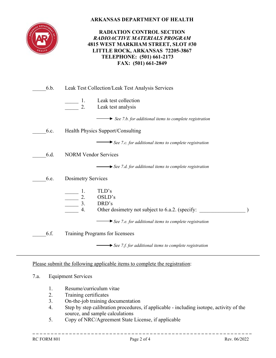 RC Form 801 Application for Registration as a Vendor in the State of Arkansas - Arkansas, Page 2
