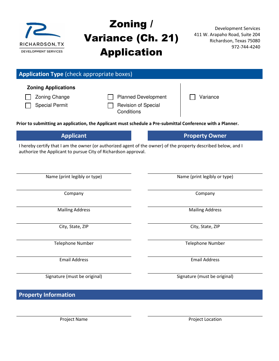 Zoning / Variance (Ch. 21) Application - City of Richardson, Texas, Page 1