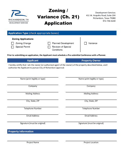 Zoning / Variance (Ch. 21) Application - City of Richardson, Texas Download Pdf