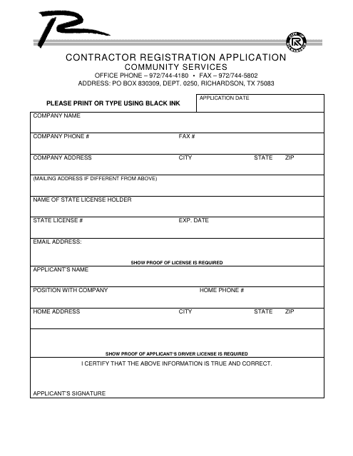 Contractor Registration Application - City of Richardson, Texas