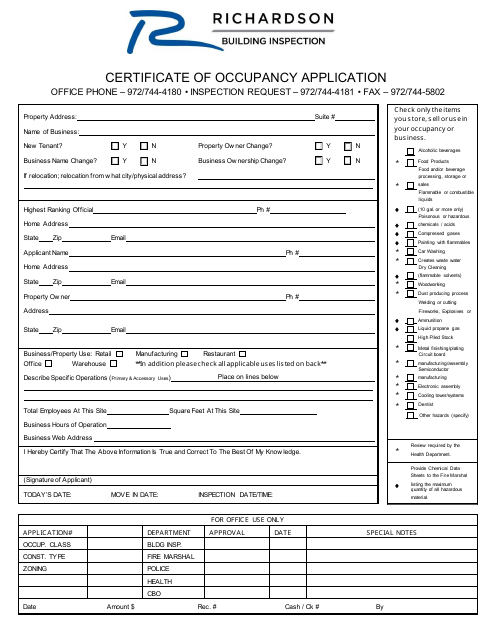 Certificate of Occupancy Application - City of Richardson, Texas Download Pdf