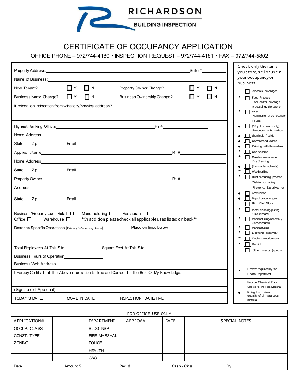 Certificate of Occupancy Application - City of Richardson, Texas, Page 1