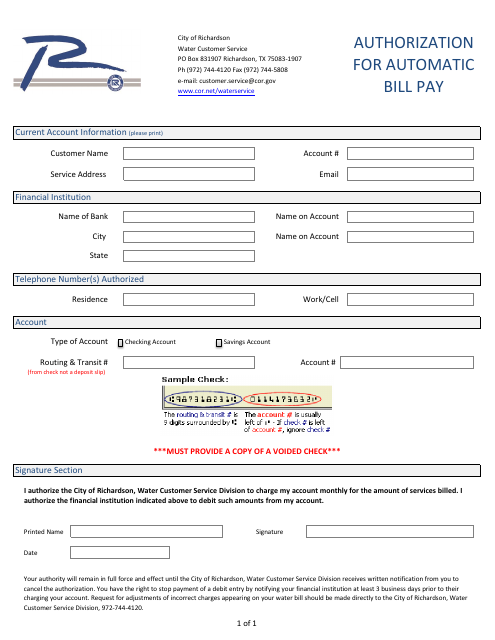 Authorization for Automatic Bill Pay - City of Richardson, Texas Download Pdf