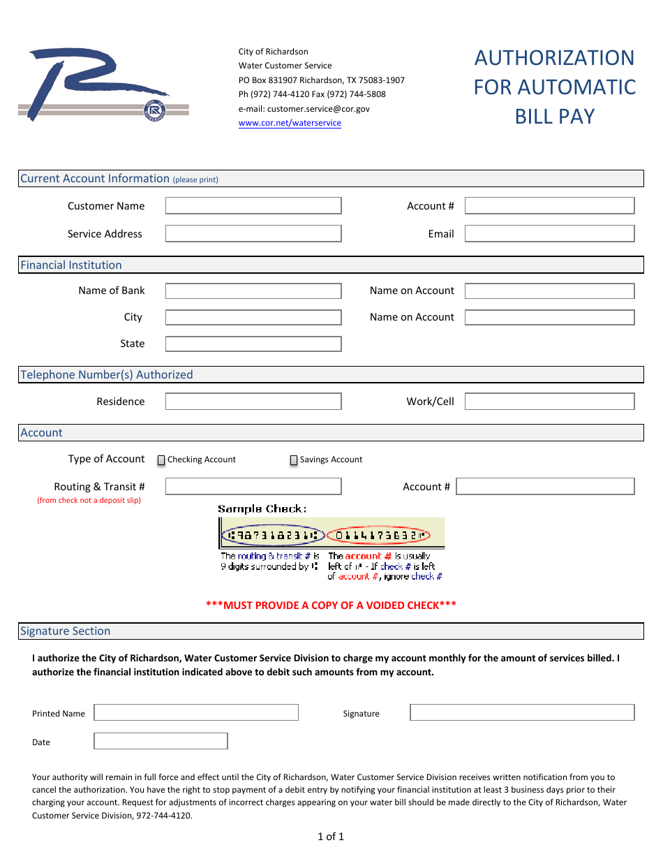 Authorization for Automatic Bill Pay - City of Richardson, Texas, Page 1
