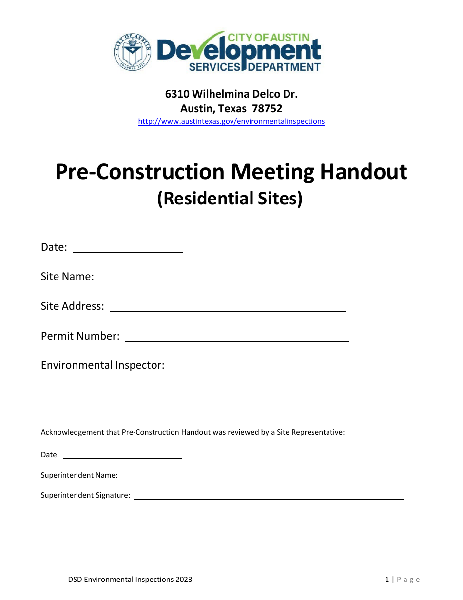 Pre-construction Meeting Handout (Residential Sites) - City of Austin, Texas, Page 1